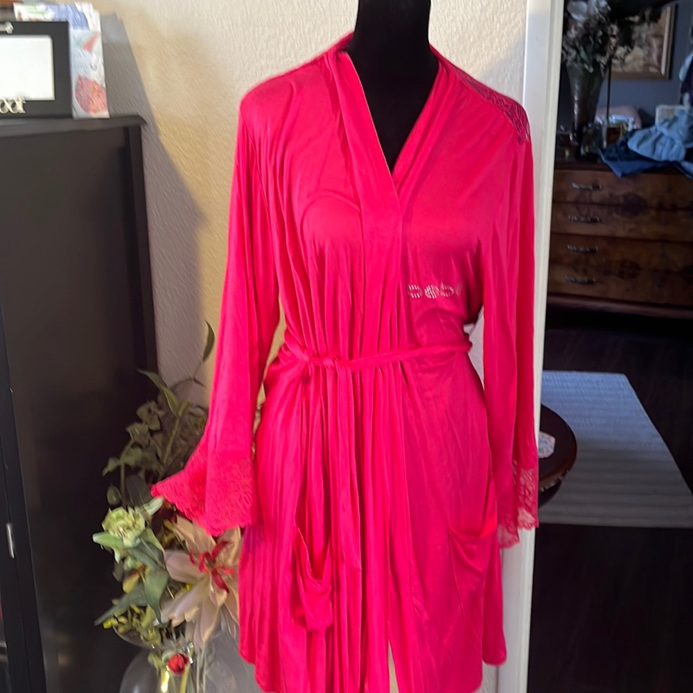 Bebe Hot Pink Satin-Style Lace Trim Wrap Robe